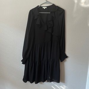 Black ruffle midi long sleeve dress